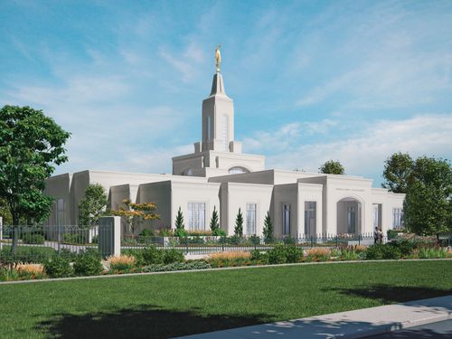 A computer-generated rendering of the Córdoba Argentina Temple in the daytime, showing trees and green lawns on a sunny day.