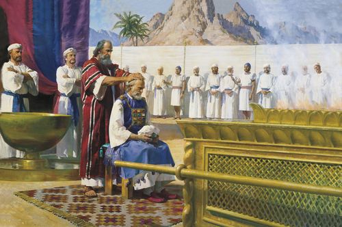 The Old Testament prophet Moses ordaining his brother Aaron to the ministry. Aaron is seated in a chair before Moses. Several priests are gathered around watching. The ordination is depicted in the interior courtyard of the tabernacle in the wilderness.