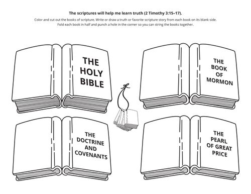 Black-and-white illustrations of the Book of Mormon, the Pearl of Great Price, the Holy Bible, and the Doctrine and Covenants. 
