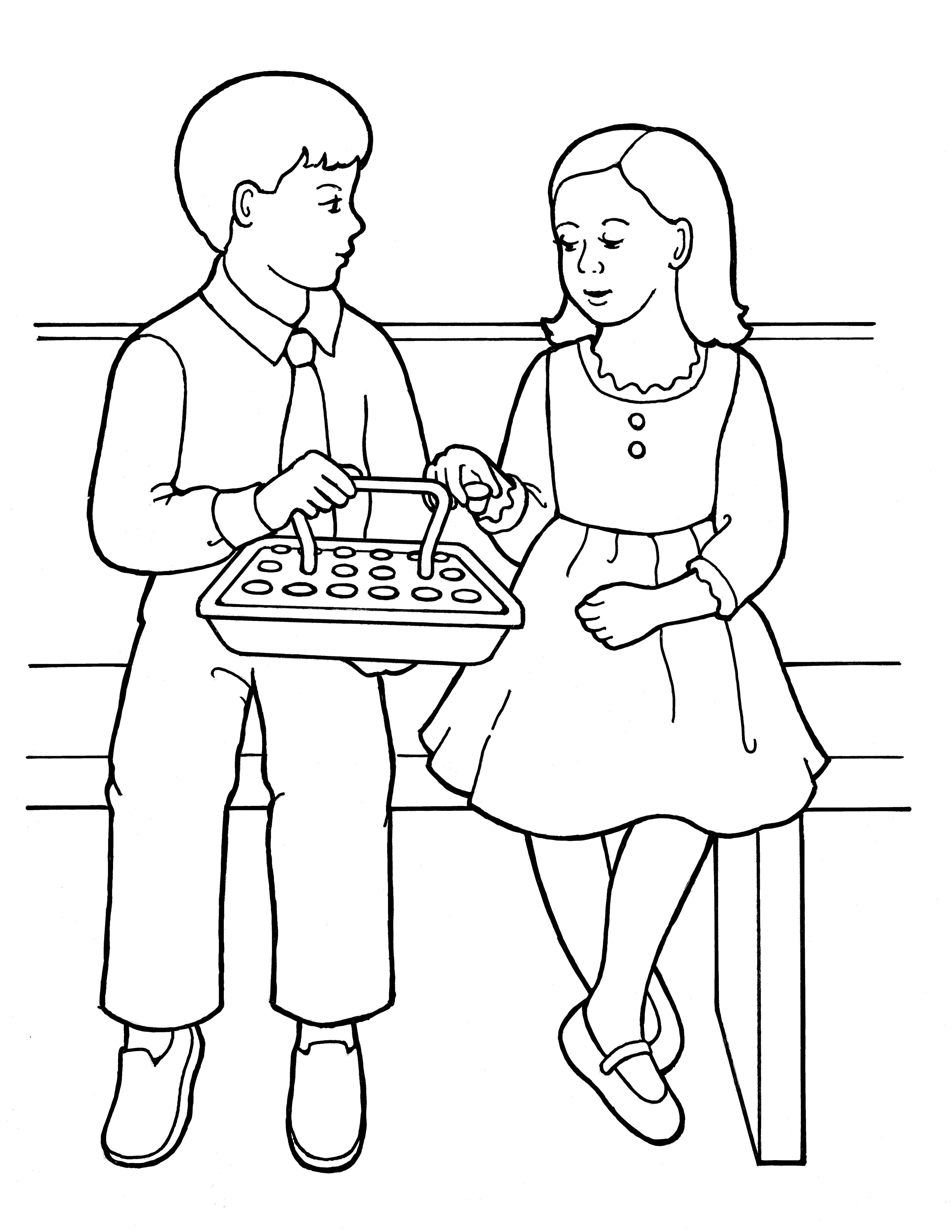 An illustration of a young girl and young boy partaking of the sacrament water, from the nursery manual Behold Your Little Ones (2008), page 115.