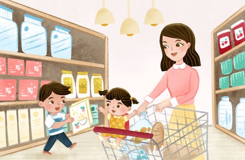 boy, little girl, and mom at grocery store