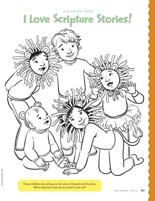 coloring page of kids acting out story of Daniel and lions