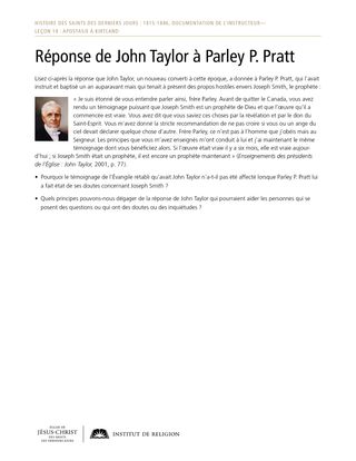 document à distribuer : Réponse de John Taylor à Parley P. Pratt