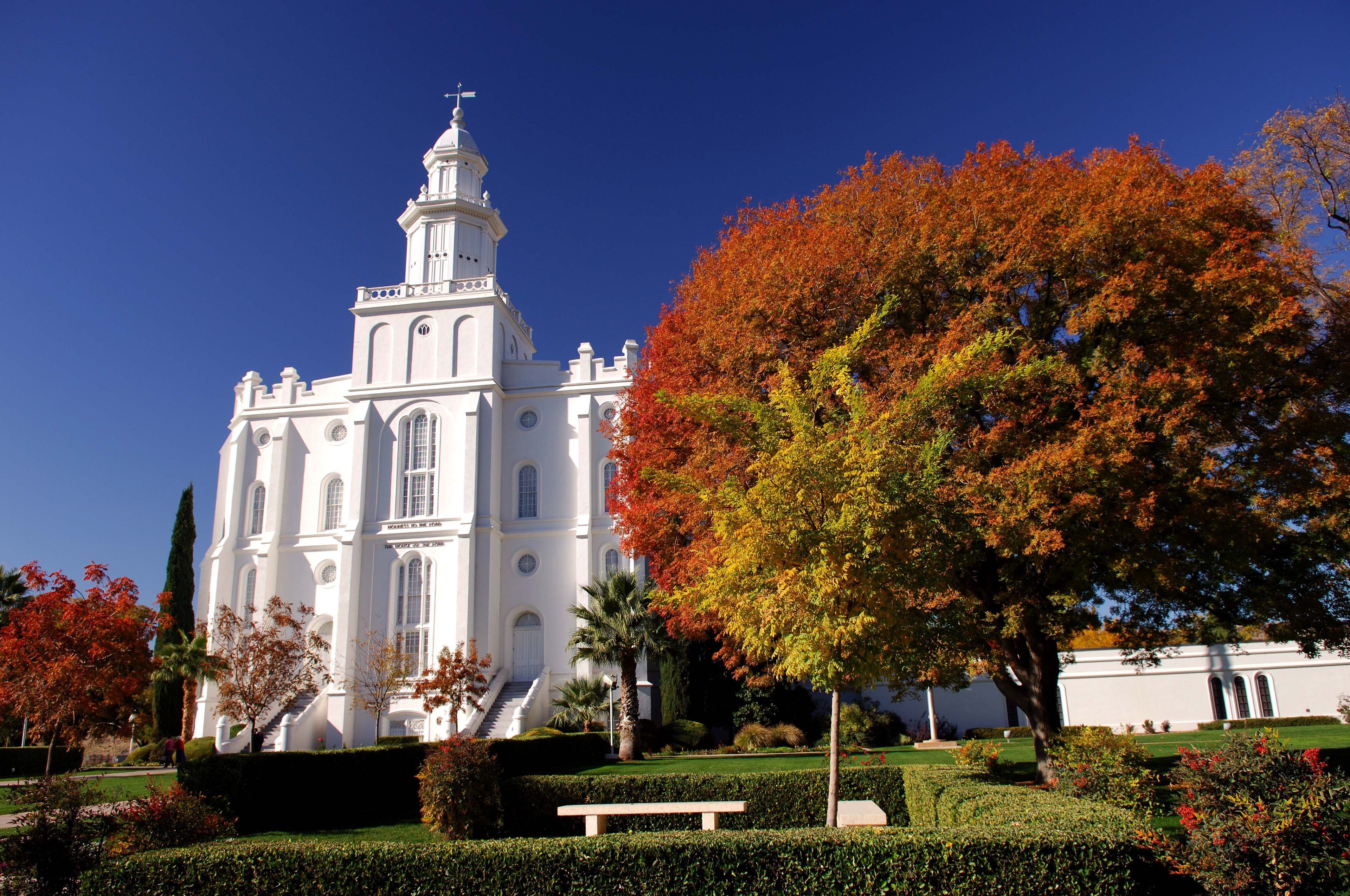 The St. George Utah Temple in the fall, including the entrance and scenery.