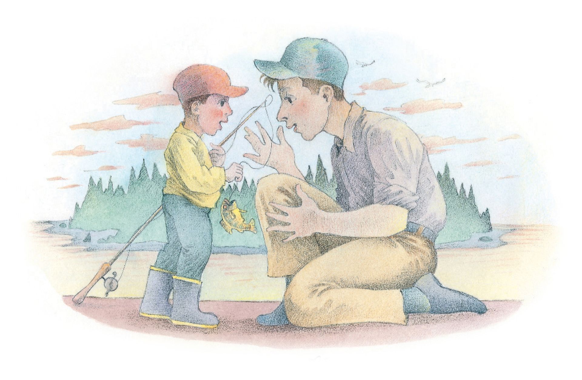 A father and his small son fishing by a river. From the Children’s Songbook, page 211, “My Dad”; watercolor illustration by Richard Hull.