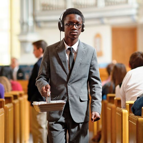 a young man wearing headphones and carrying a sacrament tray