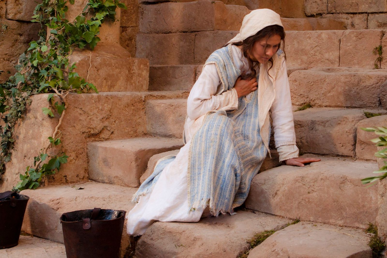 Mary reacts to the message from the angel Gabriel, who told her of Christ's birth.