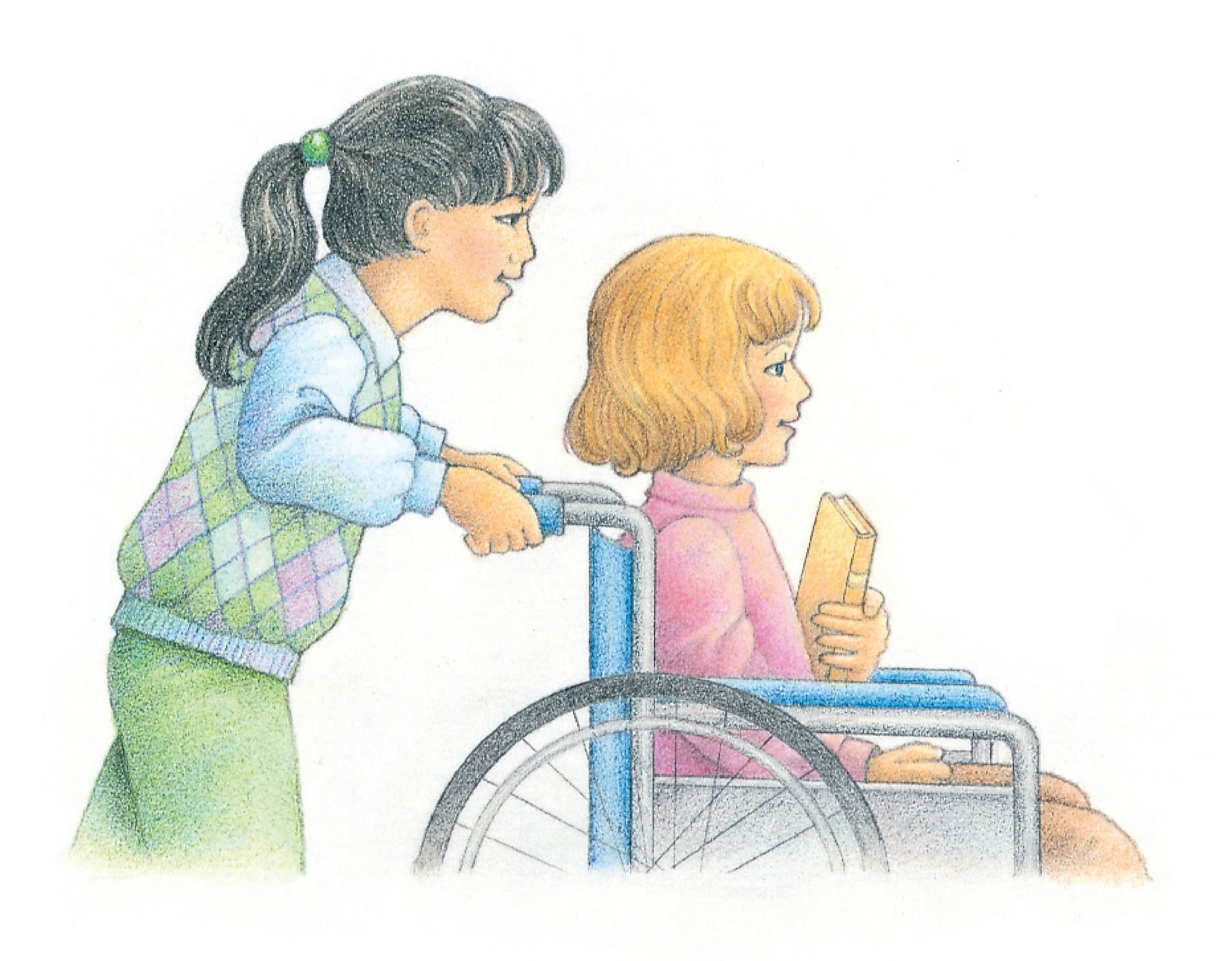 A girl helping another girl who is in a wheelchair. From the Children’s Songbook, page 140, “I’ll Walk with You”; watercolor illustration by Beth Whittaker.