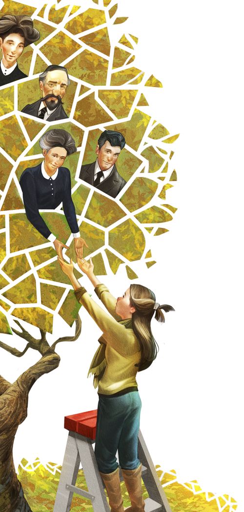 Illustration of a girl reaching out to ancestors on her family tree