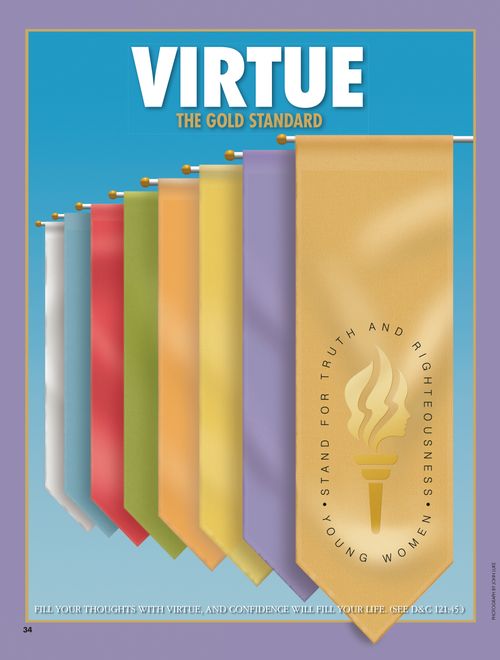 A photograph of a gold banner in front of other banners representing the Young Women values, paired with the words “Virtue—the Gold Standard.”