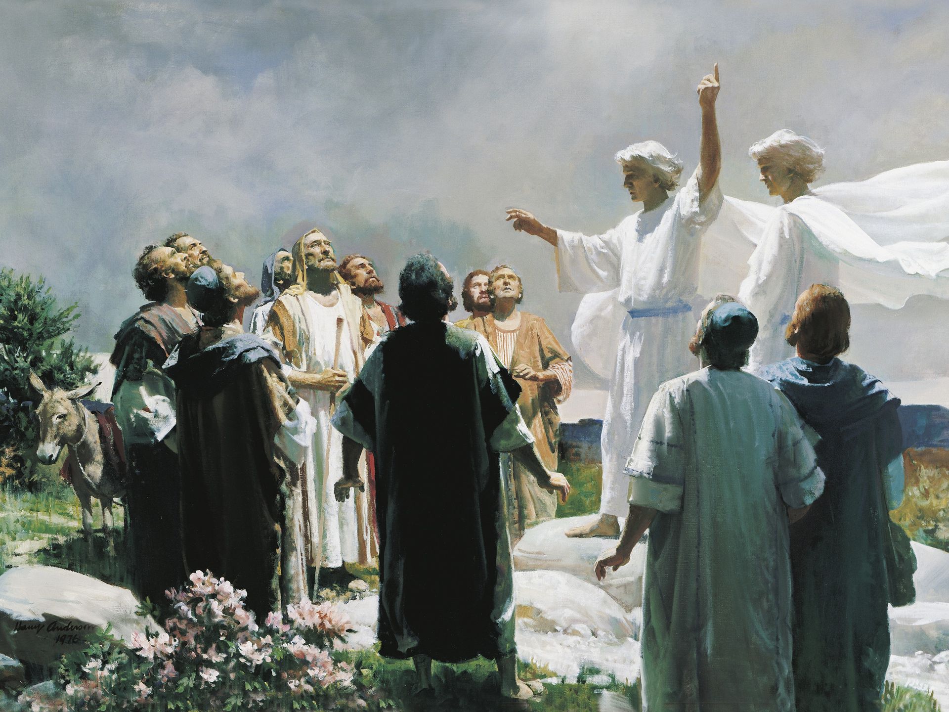 The eleven apostles of Jesus Christ (all except Judas Iscariot) gathered together in Galilee. Two angels (dressed in white) are standing with the apostles and pointing to the heavens. The apostles are looking upward. The painting depicts the ascension of the resurrected Jesus Christ into the heavens. Christ is not depicted in the picture. (Mark 16:19-20) (Luke 24:50-53) (Acts 1:9-11)