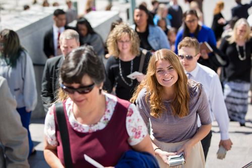 people entering Conference Center for a general conference session