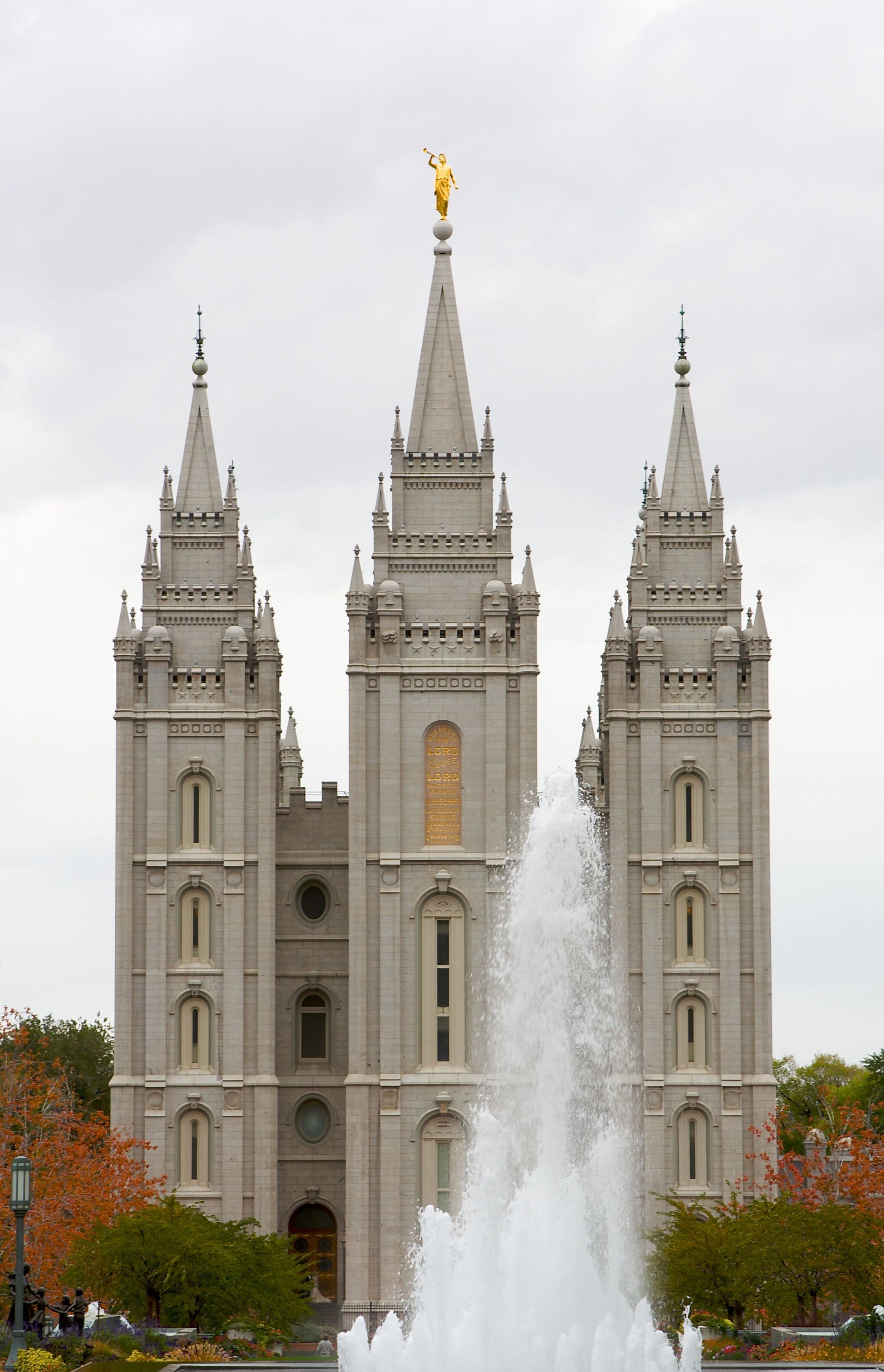 The Salt Lake Temple, including the fountain and scenery.