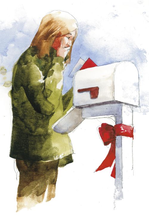 Illustration depicting a young adult woman standing at a mailbox looking at a card.
