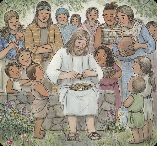 Jesus is visiting the Nephites along with their children.  All are gathered around Him as He sits and visits with them.