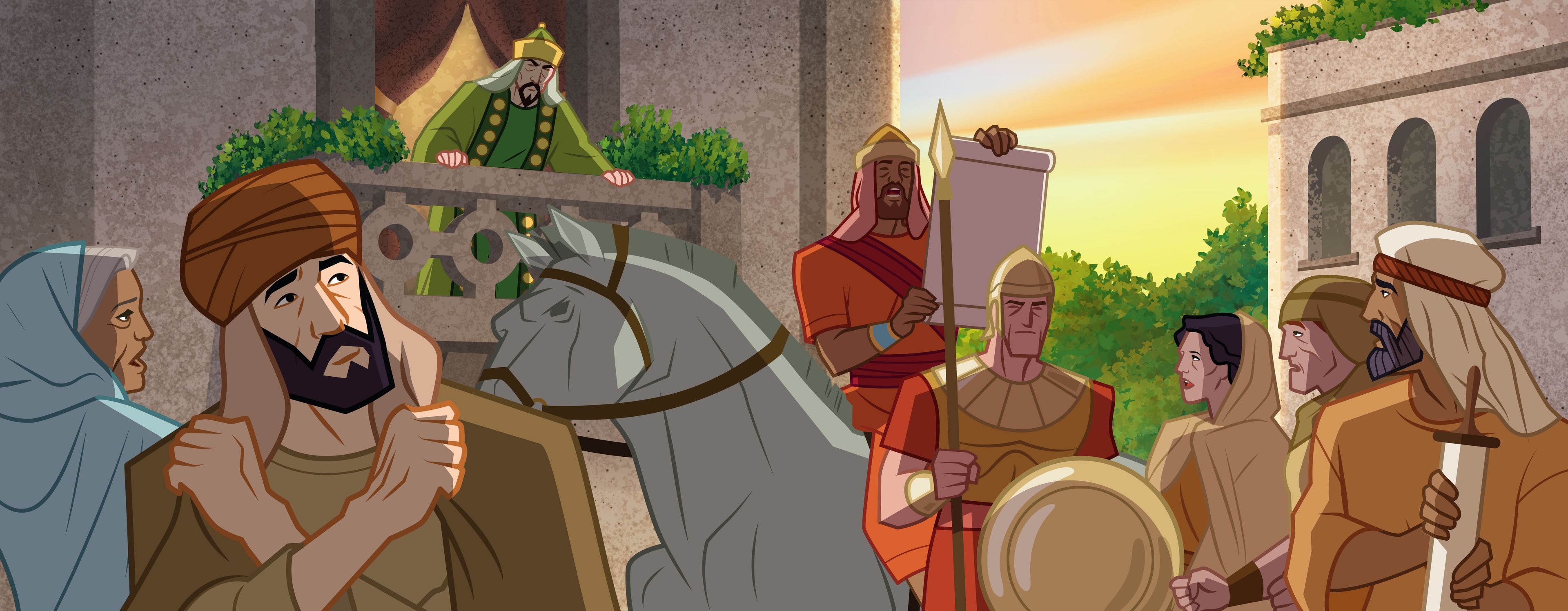 Ilustración de un soldado haciendo un anuncio a un grupo de personas. 
Ester 3:8–11, 13