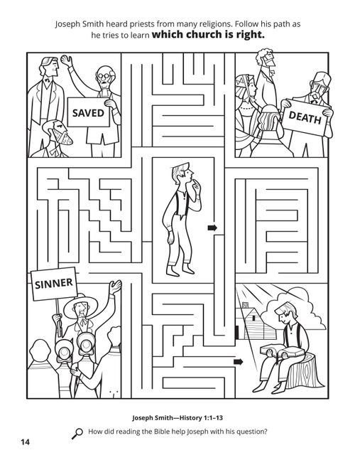 A line maze of different churches and Joseph Smith Jr. as a young boy eventually leading to an image of him reading the scriptures.