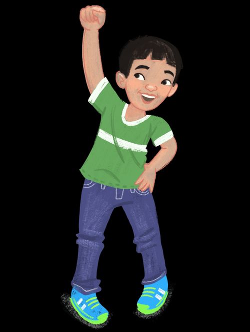 A boy smiling and holding his fist in the air