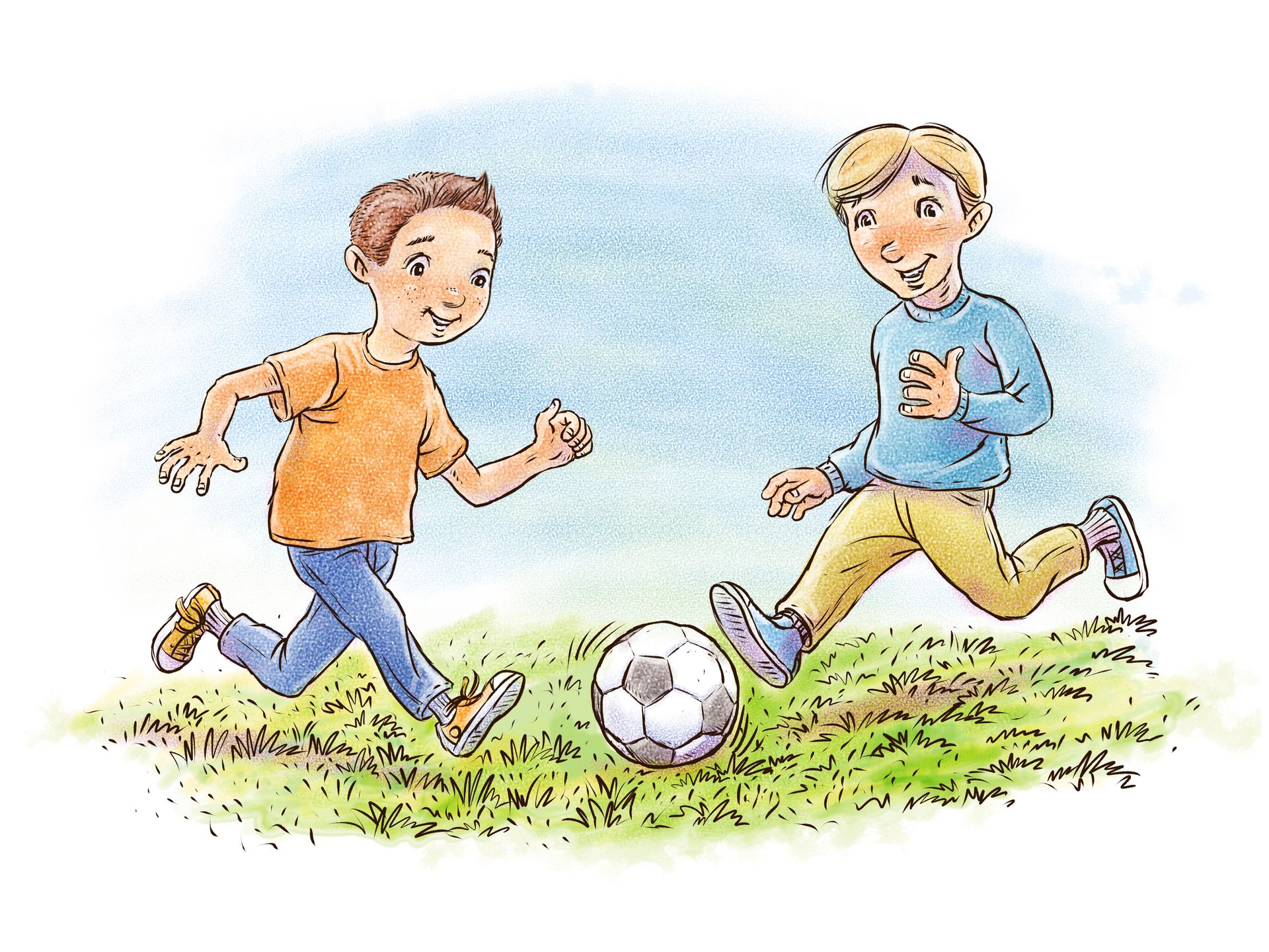 Two boys play together with a soccer ball.