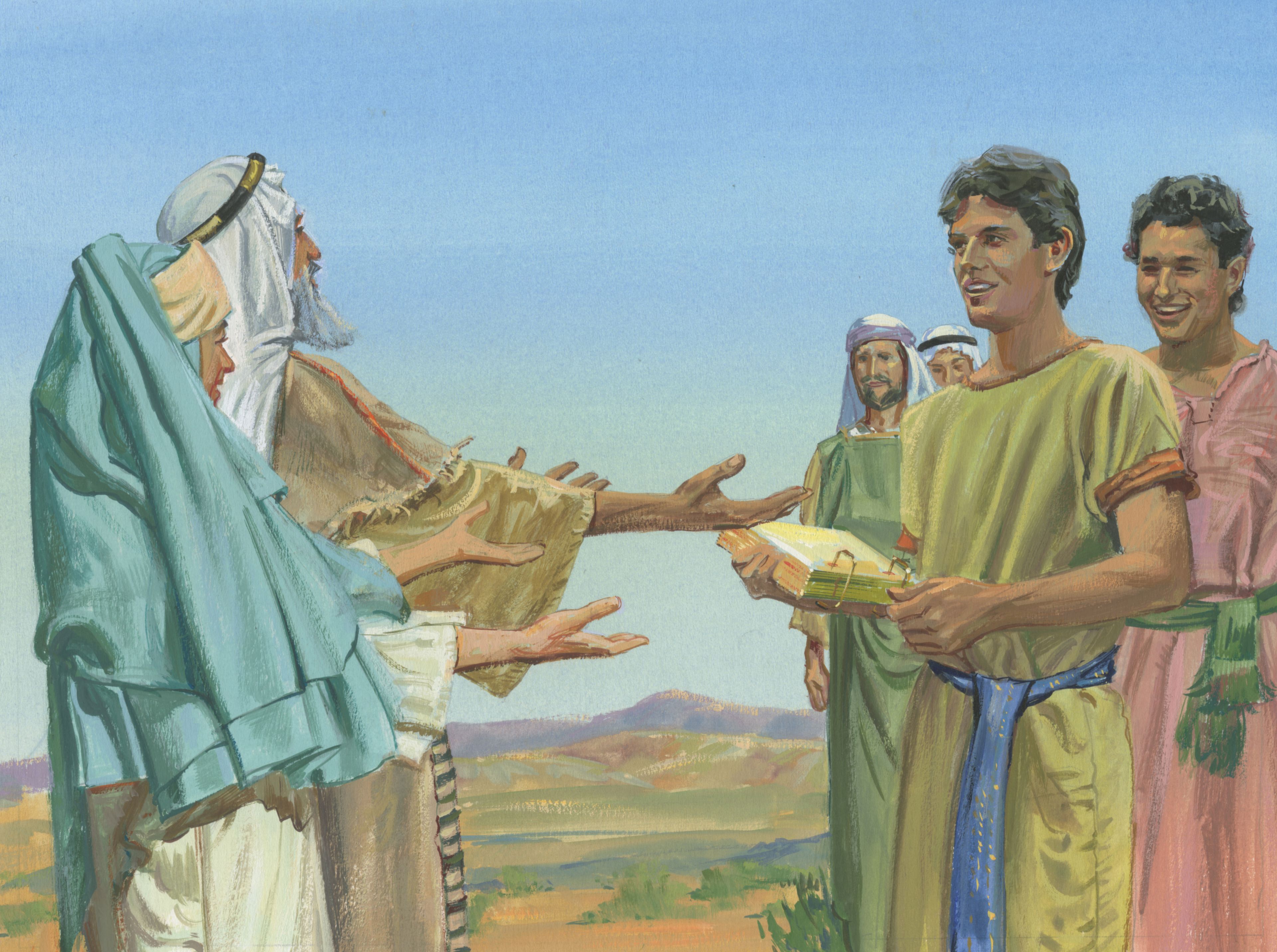A painting by Jerry Thompson depicting Nephi returning to Lehi with the brass plates; Primary manual 4-8