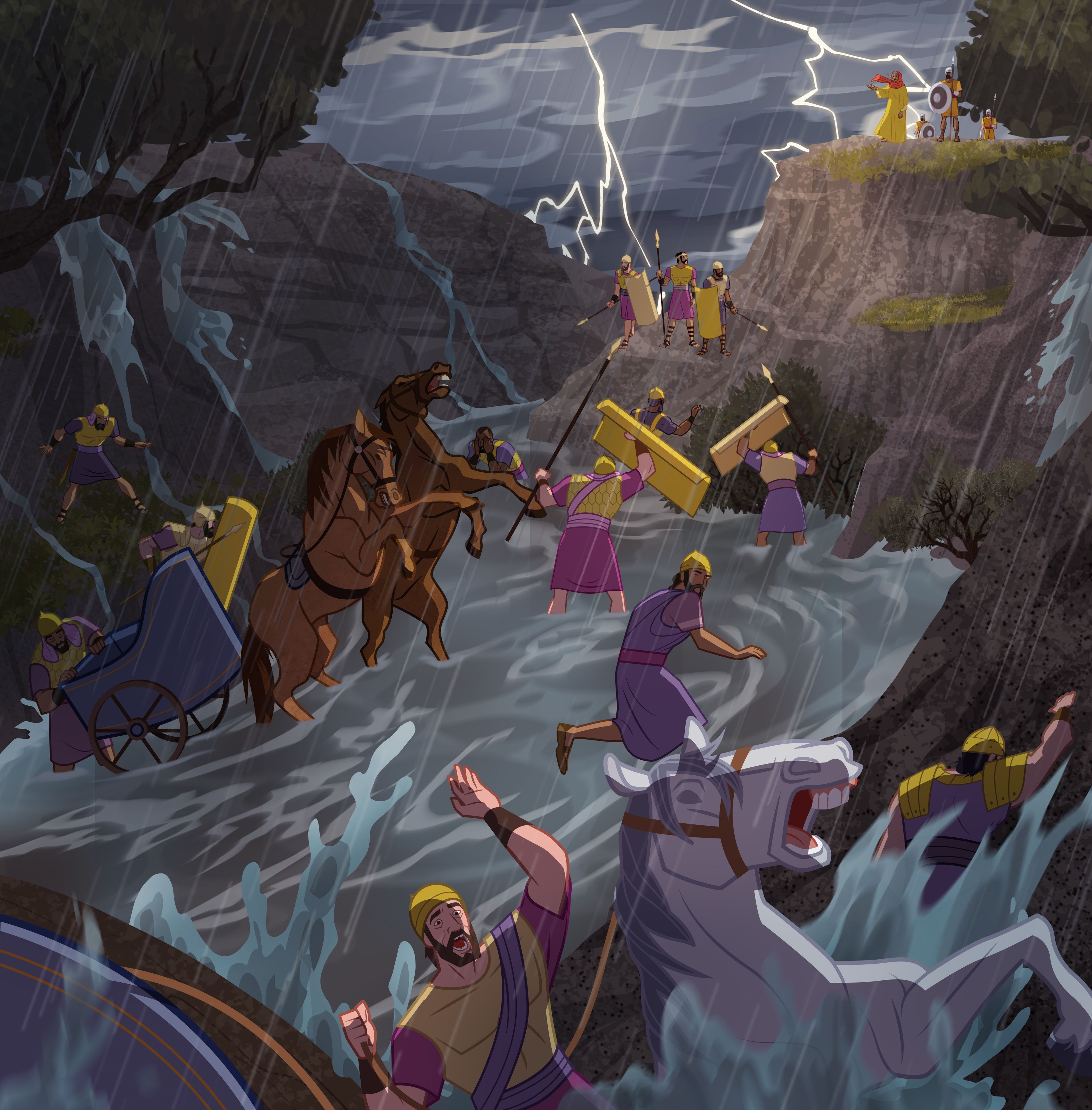 Illustration of chariots being washed away in storm. Judges 4:15, 17; 5:4–5, 19–22