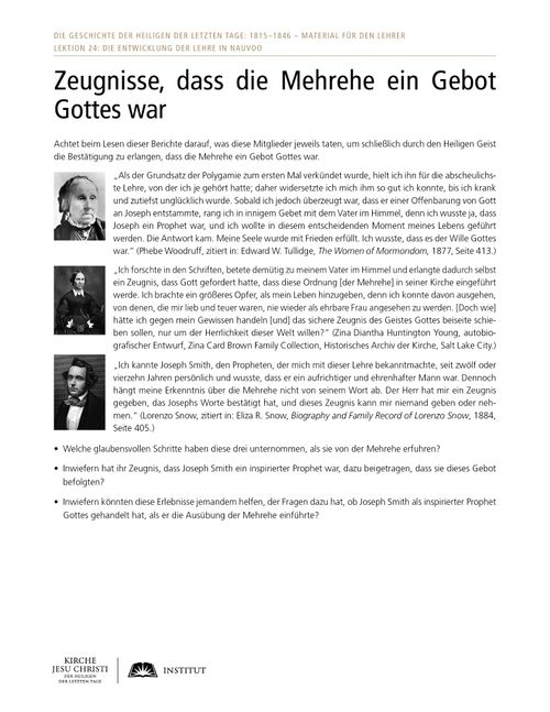 Arbeitsblatt: Zeugnisse, dass die Mehrehe ein Gebot Gottes war