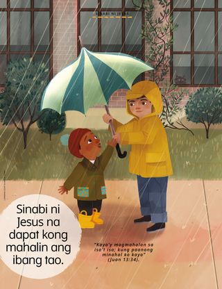 boy holding striped umbrella for other child in the rain