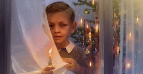 boy with candle at curtains