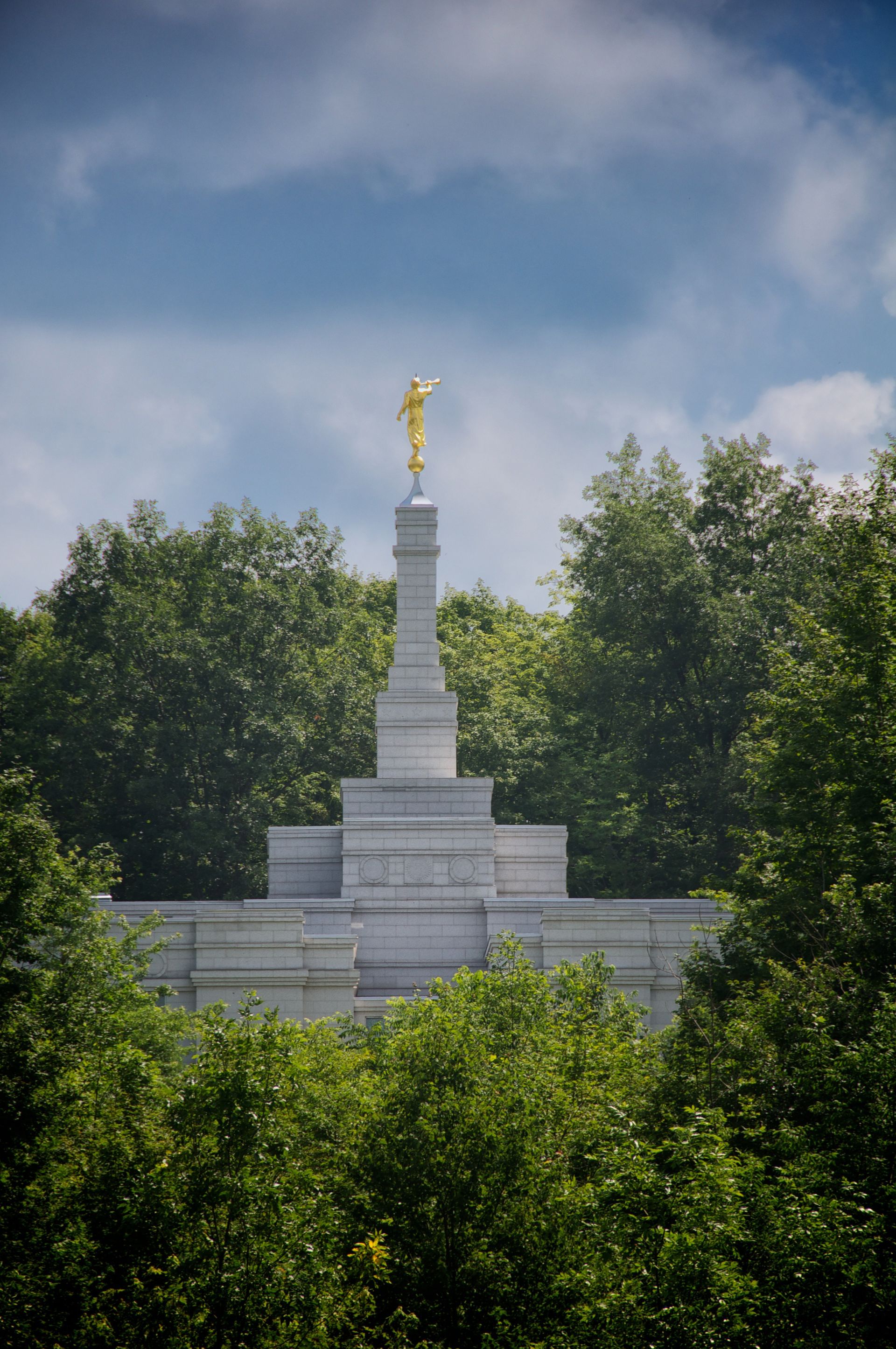 The Palmyra New York Temple spire, including scenery and the exterior of the temple.