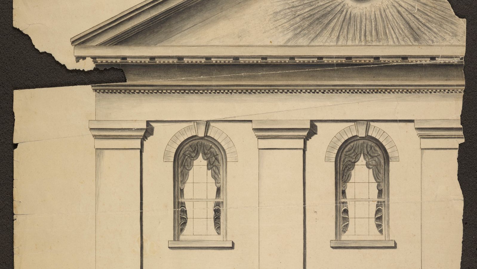 William Weeks’ preliminary front elevation drawing of the Cultural Hall. Changes occurred between this drawing and the final structure, including making the building three stories instead of two and removing the All-Seeing Eye of God from the pediment. 