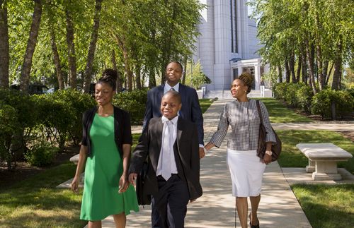 family walking outside of temple