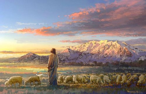 the Savior in a field with sheep