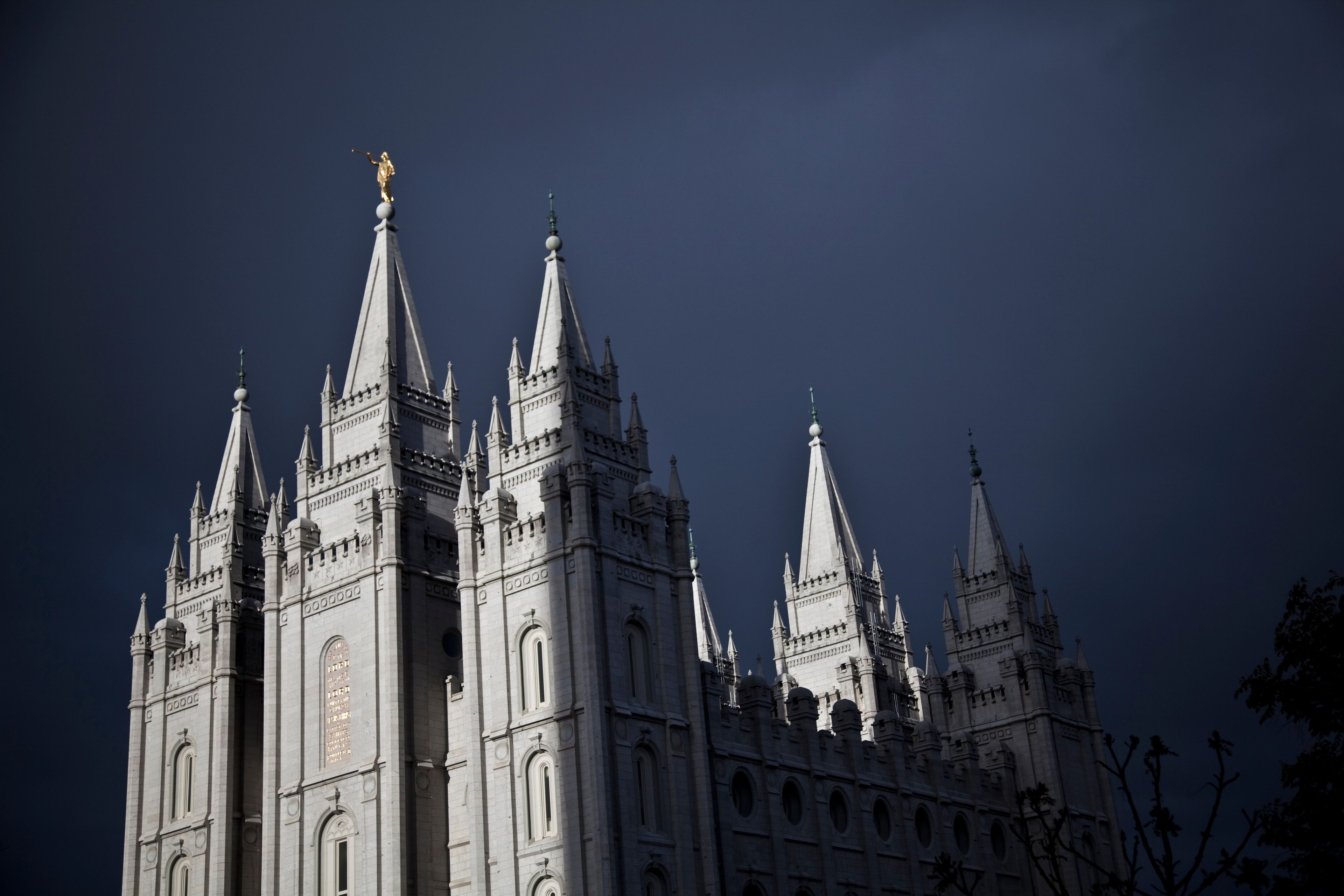 The Salt Lake Temple during a storm.
