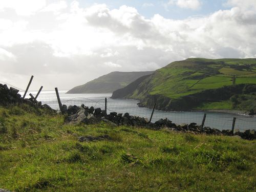 Ireland coastline with green cliffs, rocks, and fence along the ocean water.