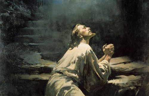 Jesus Christ depicted leaning on a rock in the Garden of Gethsemane. The image depicts the Atonement of Christ.