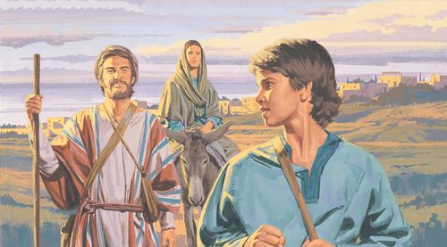 Joseph, Mary, and young Jesus traveling