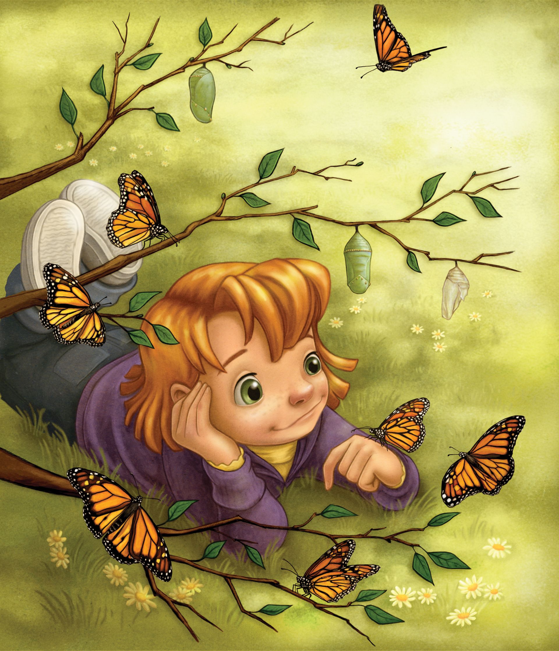 A girl lies in the grass and plays with a butterfly while other butterflies fly around her.
