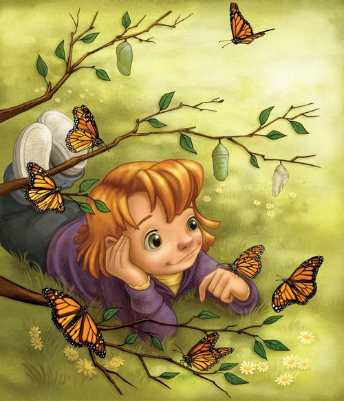 An illustration of a little girl lying in the grass, with an orange and black butterfly on her hand and other butterflies flying around her.