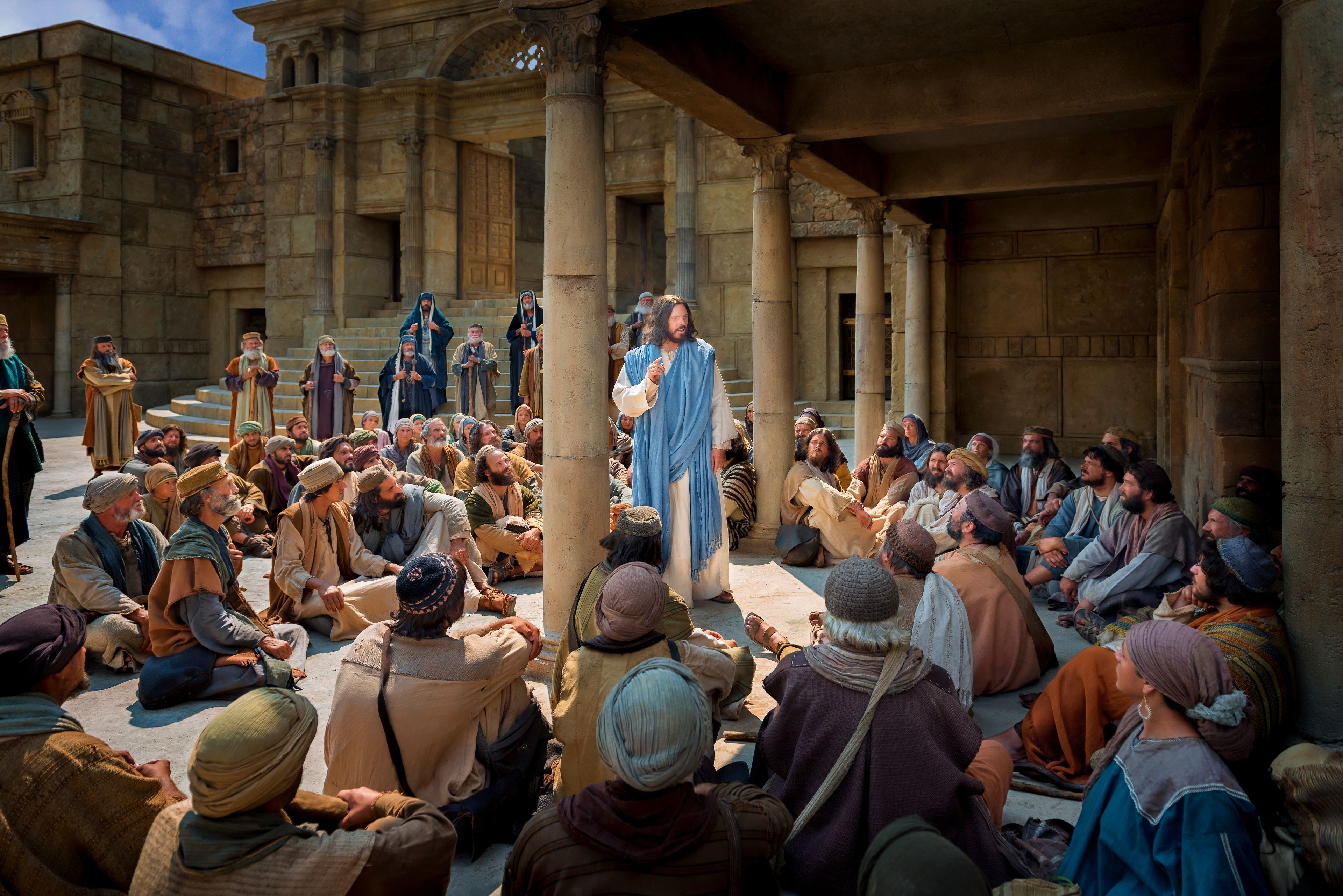 Christ teaches a crowd of people.
