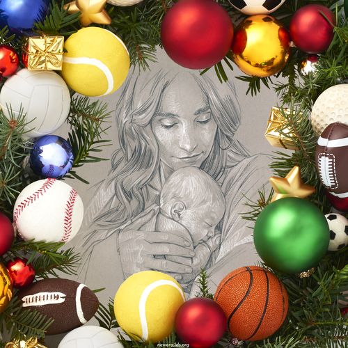 sketch of Mary and baby Jesus surrounded by Christmas ornaments