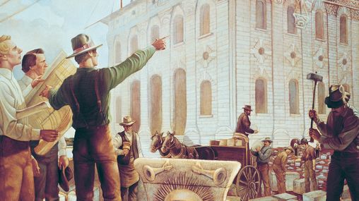 Painting depicts Joseph Smith examining the progress of the construction of the Nauvoo Temple.