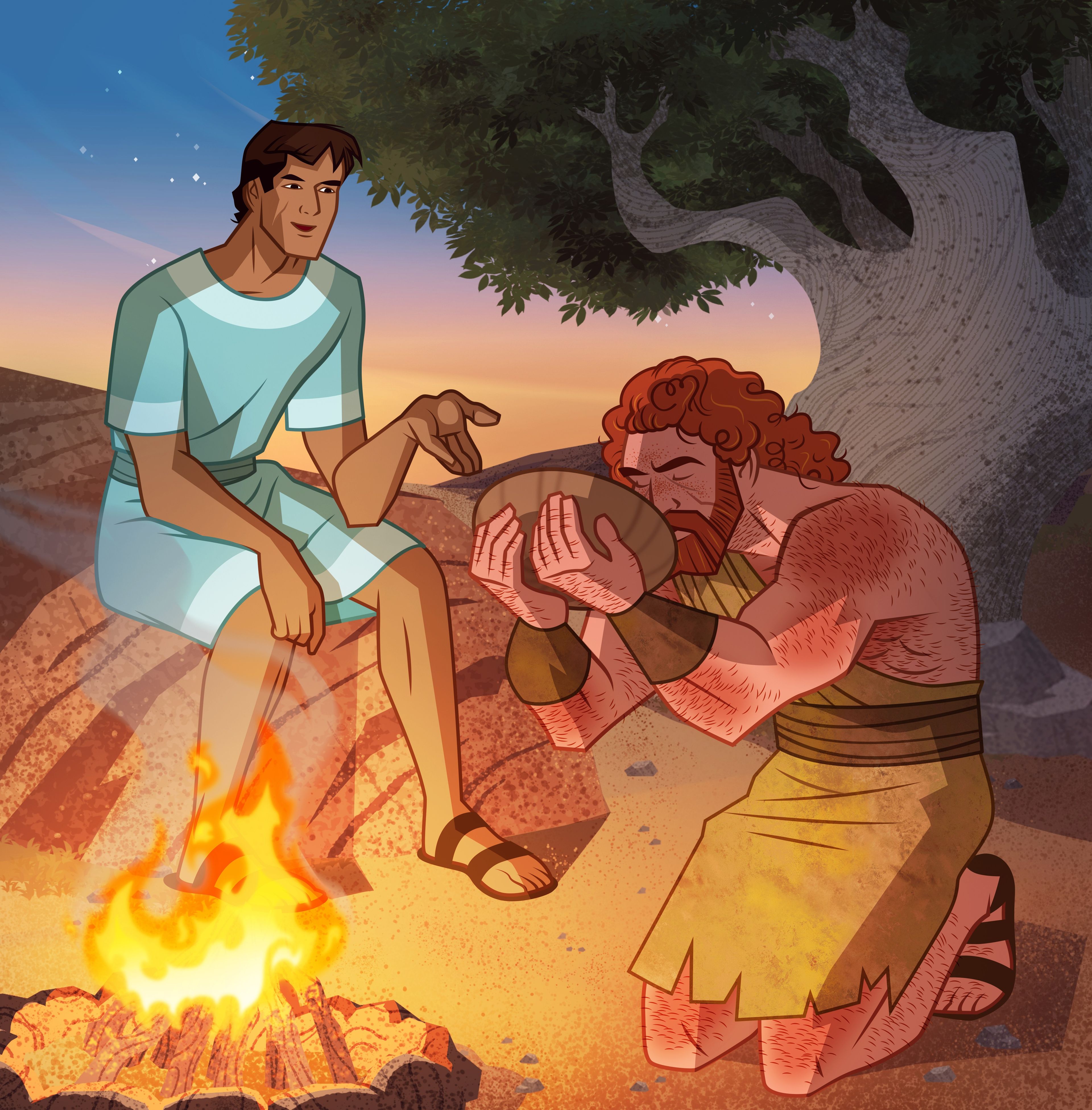 Illustration of Jacob gives Esau food. Genesis 25:23, 29–34; Hebrews 11:20