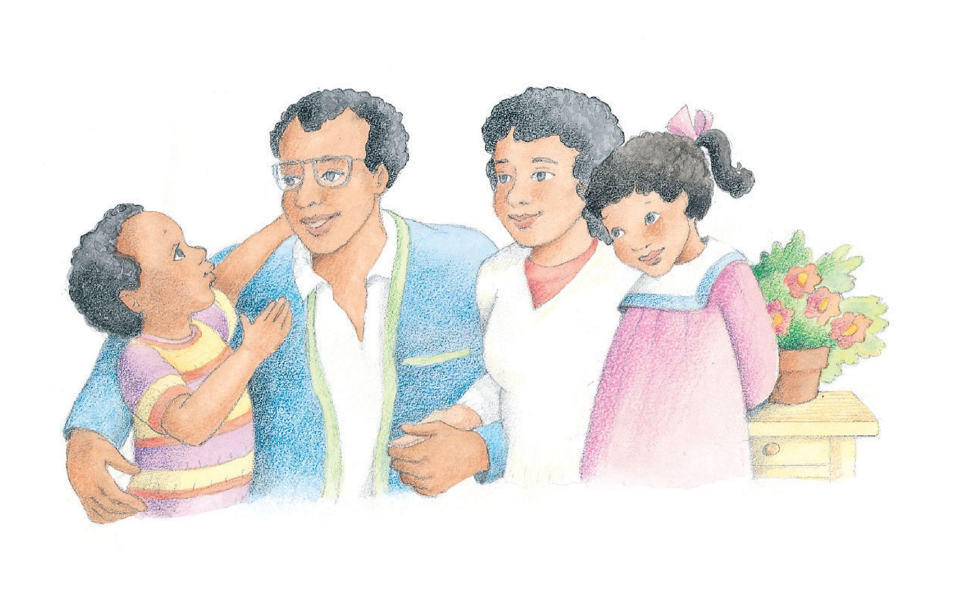 A couple standing and interacting with their two children. From the Children’s Songbook, page 90, “Truth from Elijah”; watercolor illustration by Phyllis Luch.