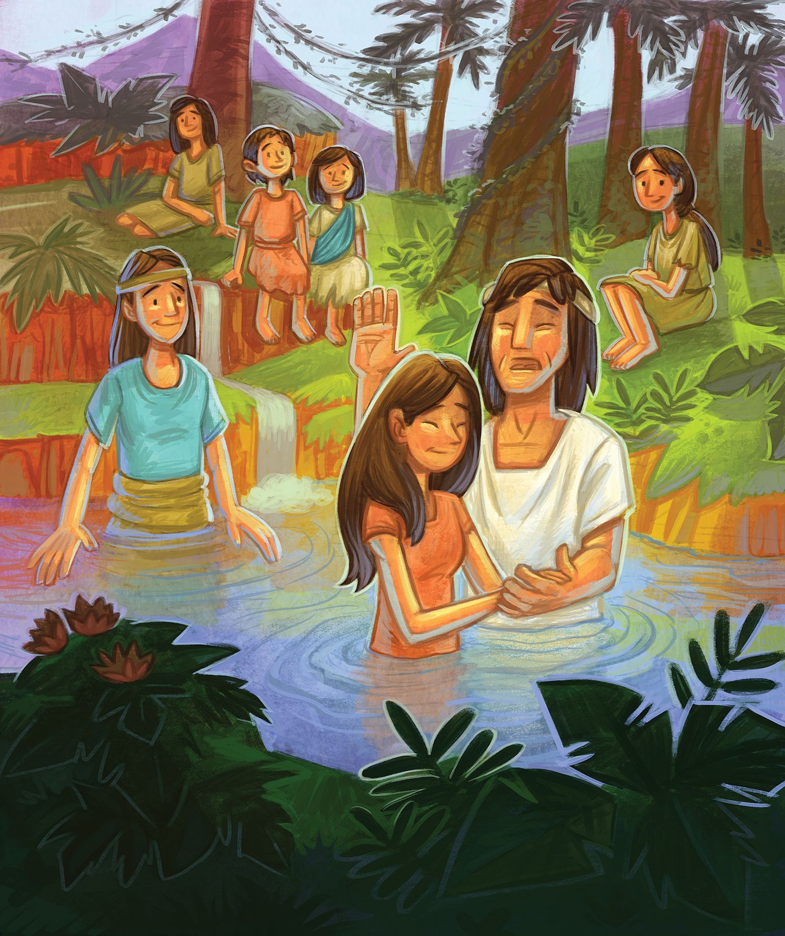 A man baptizes a woman in a river while other people watch and wait to be baptized.