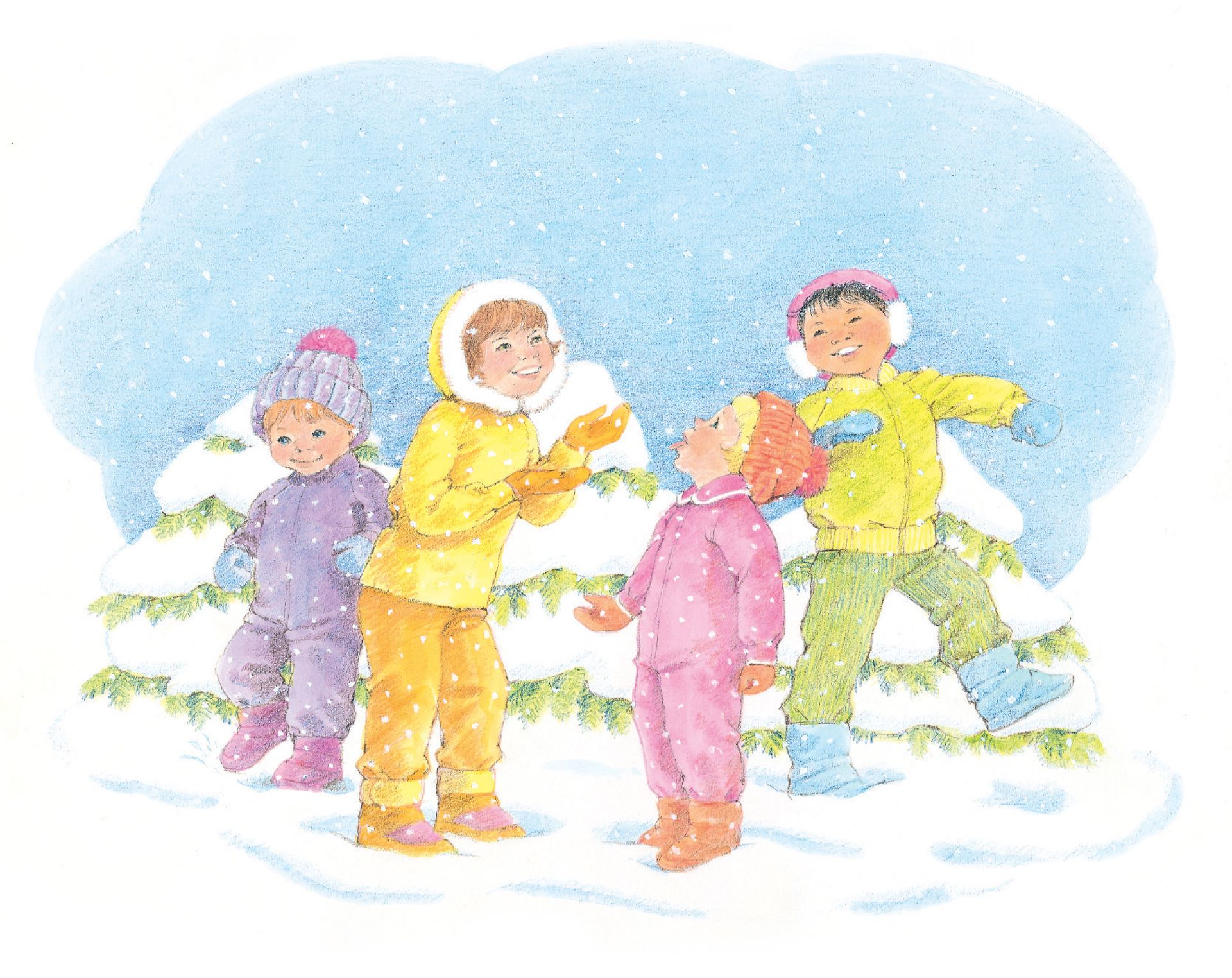 Four children in snow gear sticking out their tongues to catch snowflakes. From the Children’s Songbook, page 248, “Falling Snow”; watercolor illustration by Virginia Sargent.