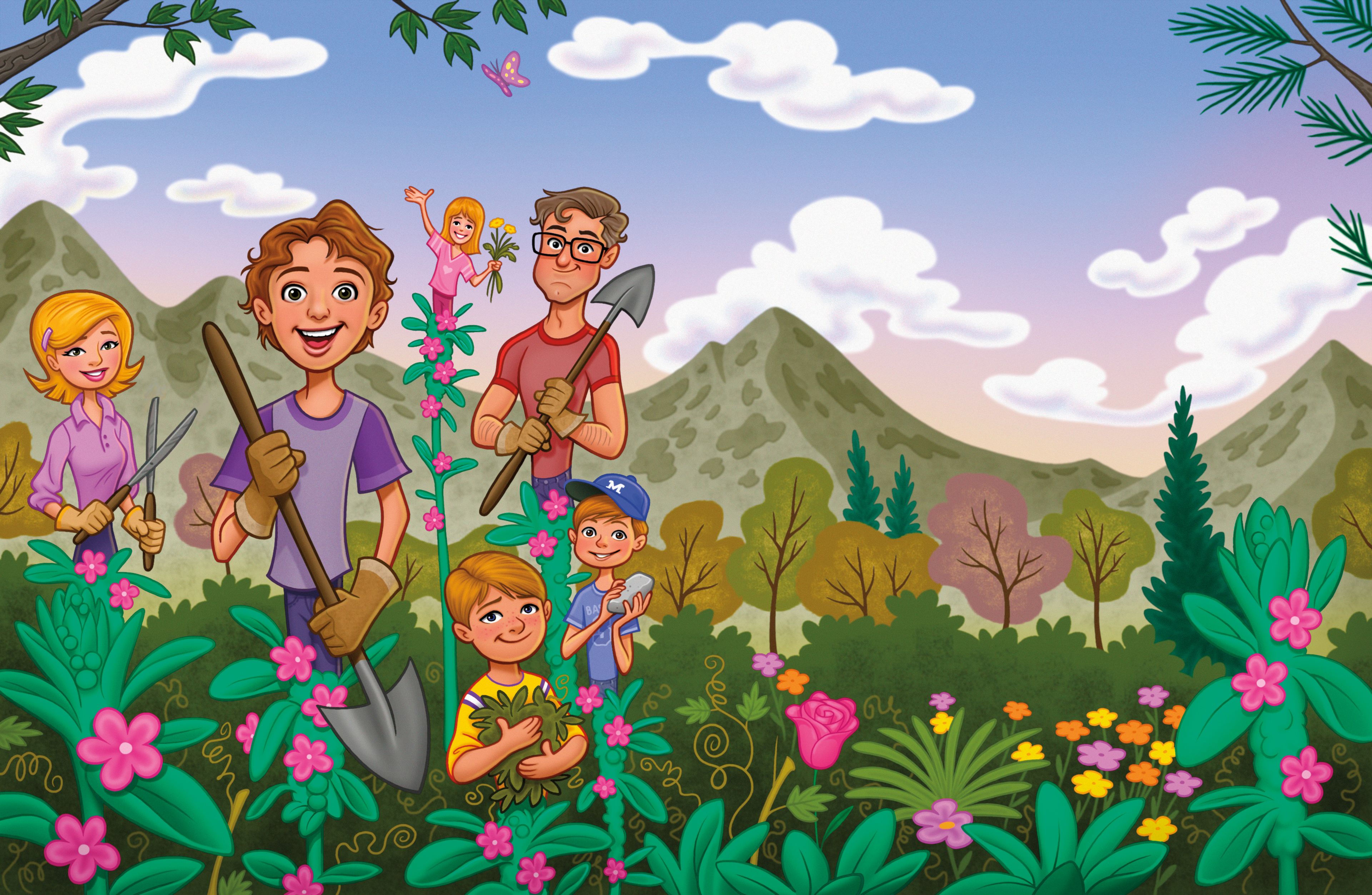 A family works in a flower garden together outside.
