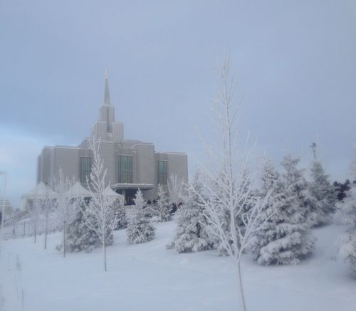 The Calgary Alberta Temple and grounds completely covered in snow on a foggy winter day.
