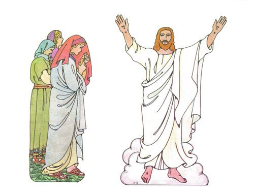 Colored drawings showing the resurrected Christ in white robes with the nail prints in His hands and feet, and three women with bottles of ointment.