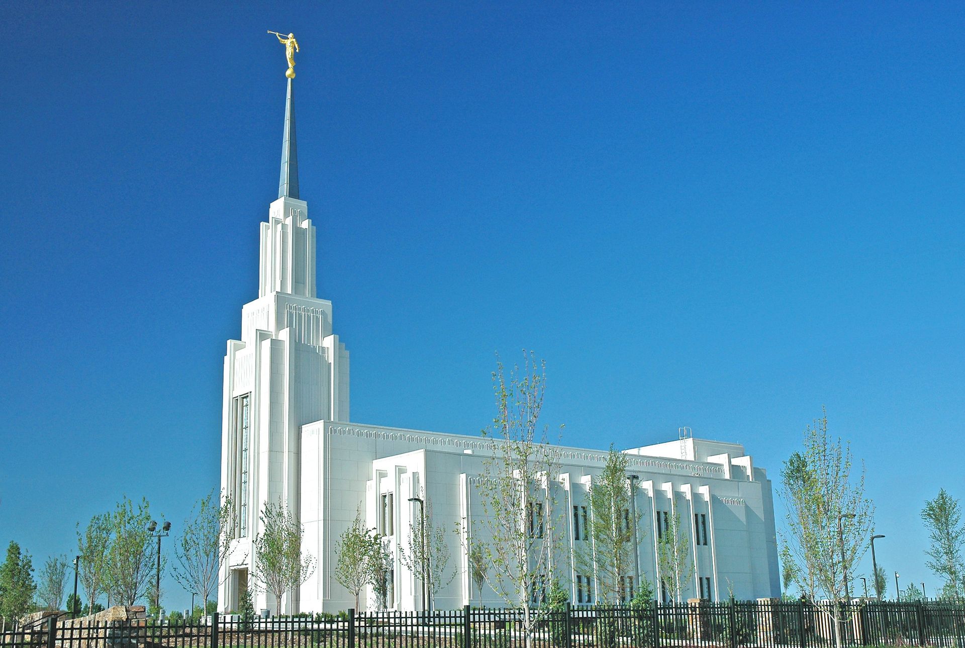 The Twin Falls Idaho Temple north side, with the windows, spire, and scenery.