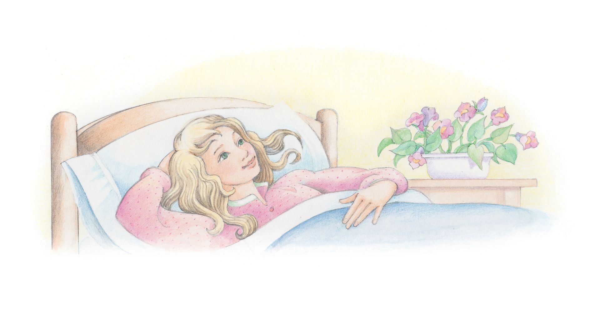 A girl lying in bed contemplating her day. From the Children’s Songbook, page 11, “I’m Thankful to Be Me”; watercolor illustration by Phyllis Luch.